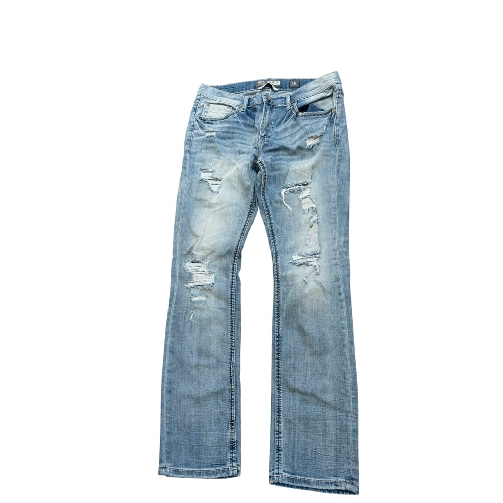 BKE Mason Taper Mens Distressed Light Wash Denim Jeans 34L Tapered Leg Blue